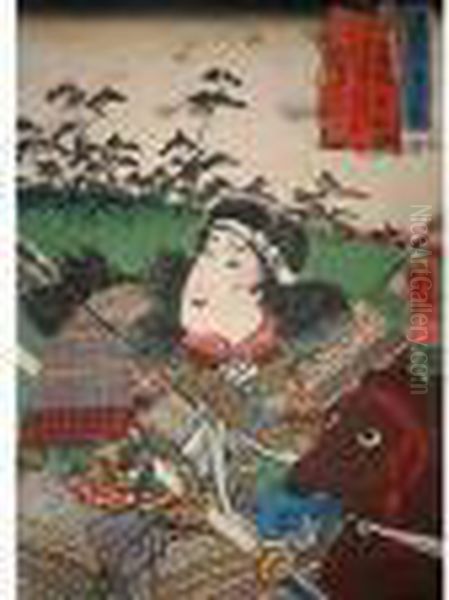 Signe Ichiyusai Kuniyoshi Ga. 
Publie Par Yensu - Ya Hikobei. Date 1852 , Estampe Tiree De La Serie 
Yobu Hakkei , Representant Tomoye-gozen , Son Armure Transpercee Par 
Plusieurs Fleches , S'eloignant Du Champ De Bataille D'awadzu-ga-hara . 
Sceaux  Oil Painting by Utagawa Kuniyoshi