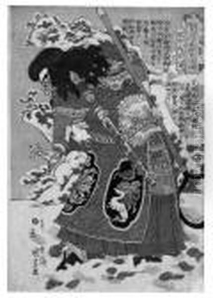 Oban
. Serie: 
Tsuzoku Suikoden Goketsu Hyakuhachinin No Hitori
 . Shugumba Sensan Geht Durch Den Hochaufgeturmten Schnee Mit Einer 
Unidentifizierten Waffe In Der Hand. Kurze Erlauterung Rechts Von Der 
Darstellung. Bez.: Ichiyusai Kuniyoshi Ga. Ver Oil Painting by Utagawa Kuniyoshi