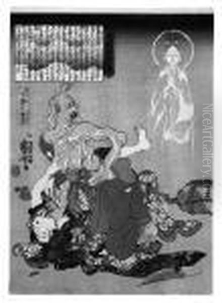 . Die Alte Frau Von Hitotsuya 
Versucht Eine Junge Frau Zu Toten. Im Hintergrund Erscheint Der 
Bodhisattva Kanon. Erlauterung In Dreifarbiger Kartusche. Bez.: 
Ichiyusai Kuniyoshi Ga. Zensur: Fu. Ohne Verlagsangabe. Um 1843. Oil Painting by Utagawa Kuniyoshi