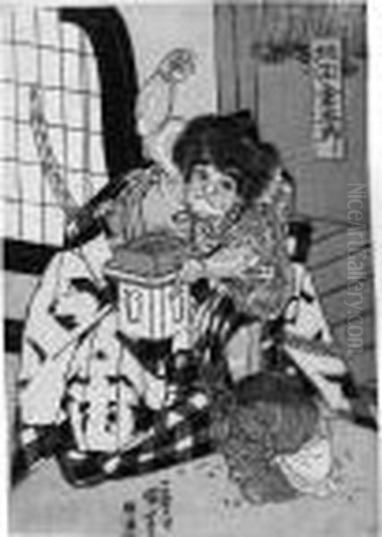 . Der Knabe Kintaro In 
Zeremoniellem Gewand Vertreibt Einen Zusammengerollten Teufel Mit Bohnen
 Zum Neuen Jahr. Bez.: Ichiyusai Kuniyoshi Ga. Verlag: Izumiya Ichibei. 
Zensur: Oil Painting by Utagawa Kuniyoshi