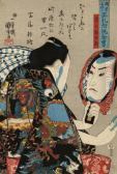 Token Gombei, His Face Reflected
 In A Mirror And Wearing A Robe Decorated With Scenes Of Hell Oil Painting by Utagawa Kuniyoshi