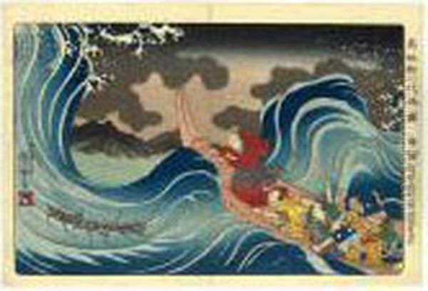 ````sashu Ryukei Kakuda Nami 
Daimoku' (in The Waves At Kakuda On The Way To Sado Island) From The 
Series ````koso Goichidai Ryakuzu' (a Short Pictorial Biography Of The 
Founder Of The Nichiren Sect) Oil Painting by Utagawa Kuniyoshi