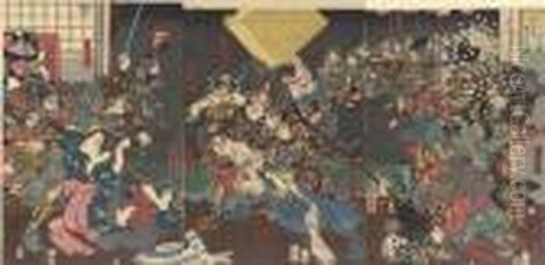 Sato Tadanobu Yusen Yoshitoki Ga
 Sei O Utsuru No Zu (picture Of Sato Tadanobu Bravely Confronting 
Yoshitoki) Oil Painting by Utagawa Kuniyoshi