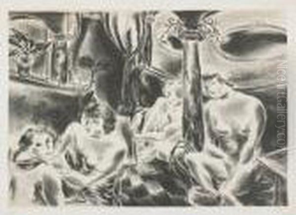 Four Nudes (cafe On The Boulevard Clichy) (davis L-28) Oil Painting by Yasuo Kuniyoshi