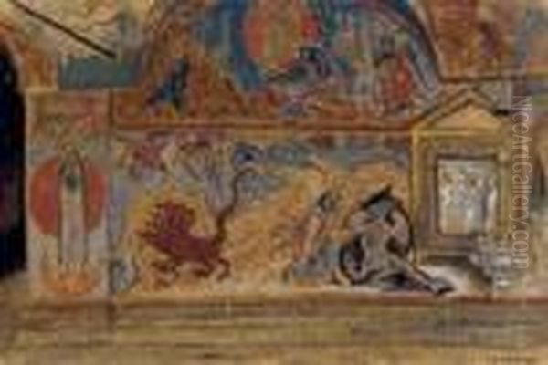 Detail Of A Fresco Wall, Church Interior Oil Painting by Boris Kustodiev