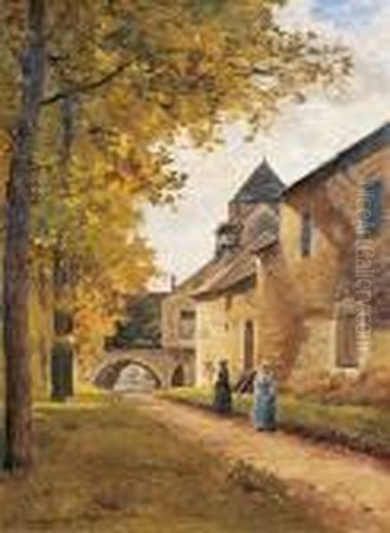 Rue Animee Dans Un Petit Village D?ile-de-france Oil Painting by Charles Euphrasie Kuwasseg