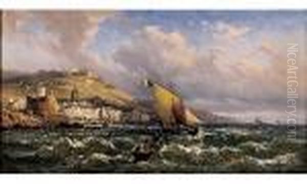 Barque De Peche, Voiles Deployees S'eloignant Du Port Oil Painting by Charles Euphrasie Kuwasseg