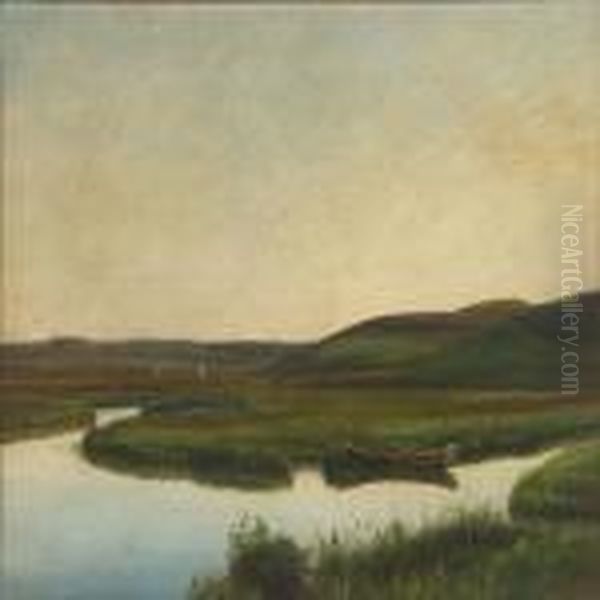 Landscape With A Boat On A River Oil Painting by Janus Andreas Bartholin La Cour