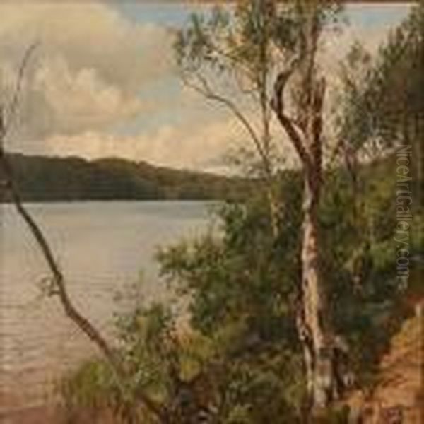 Summer Day At A Danish Lake Oil Painting by Janus Andreas Bartholin La Cour