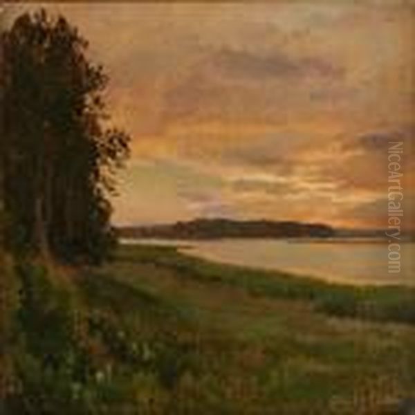 Landskab Med So.solnedgang Oil Painting by Janus Andreas Bartholin La Cour