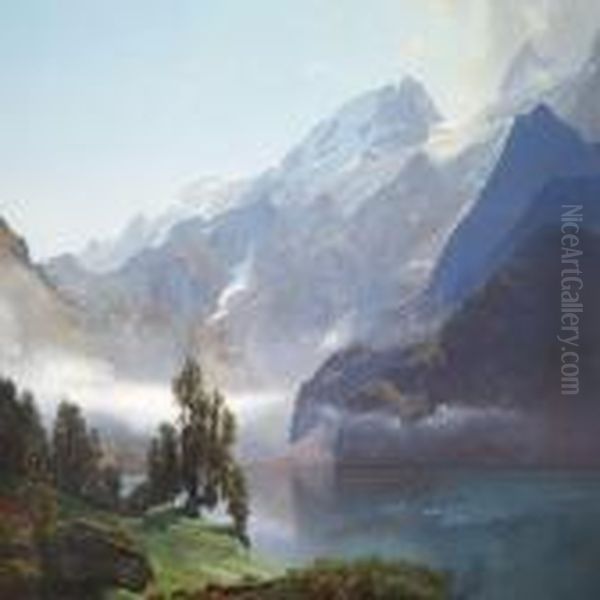 Morning View Of Lake Lucerne Oil Painting by Janus Andreas Bartholin La Cour