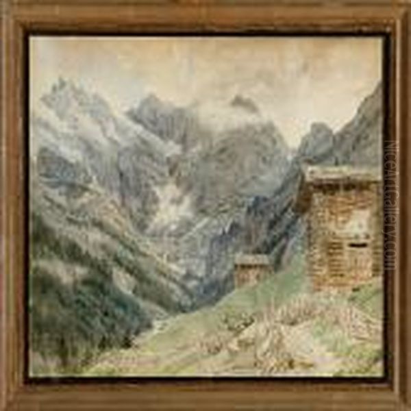 Swiss Mountain Landscape From Murren Sefinenthal Oil Painting by Janus Andreas Bartholin La Cour