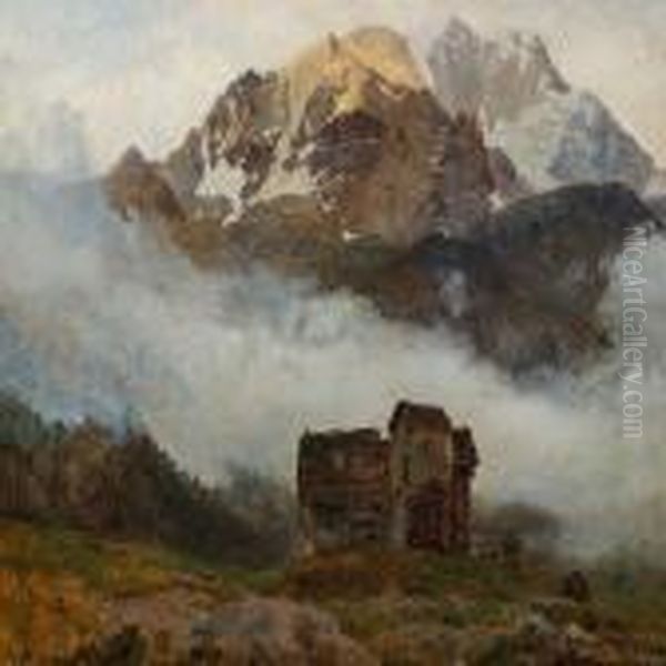 Foggy Mountain Tops Inthe Canton Bern, Switzerland Oil Painting by Janus Andreas Bartholin La Cour