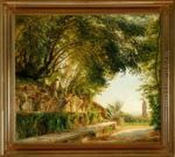 Garden Scenery From Villa D'este Outside Rome Oil Painting by Janus Andreas Bartholin La Cour