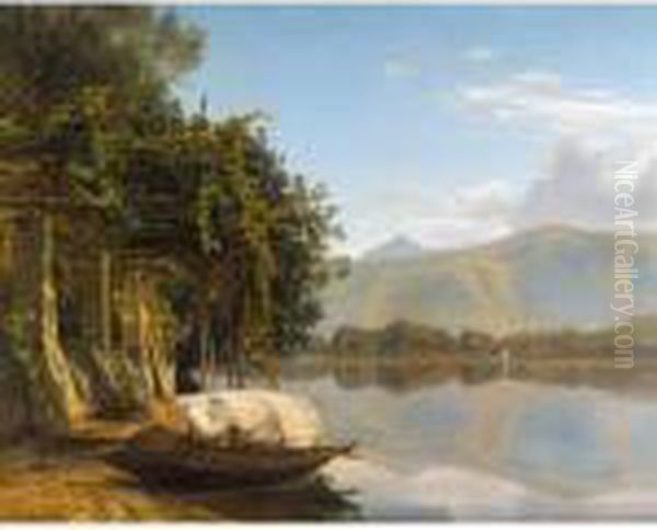Lugano Soen Ved Pont Tresa (lake Lugano At Pont Tresa) Oil Painting by Janus Andreas Bartholin La Cour