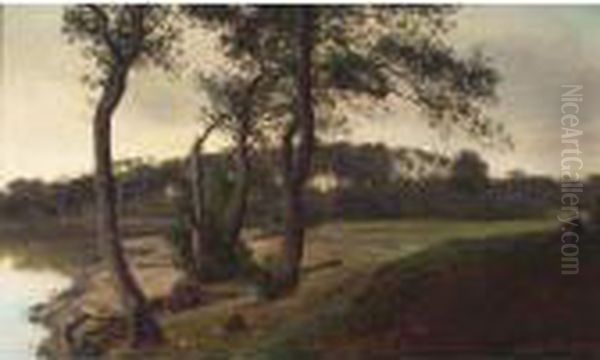 Ved Foden Af Himmelbjaerget. Diset Septembermorgen (september Morning, Himmelbjerget) Oil Painting by Janus Andreas Bartholin La Cour