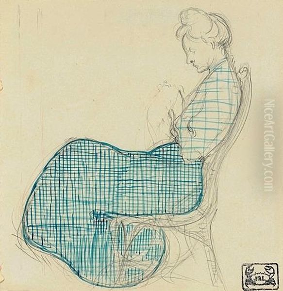 Jeanne Laboureur Cousant, 1898-99 Oil Painting by Jean Emile Laboureur