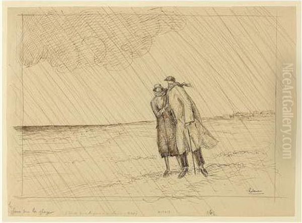 La Pluie Sur La Plage / Beach In
 The Rain (le Croisic). 1924. Etude Pour L'eau-forte (l. 281) Oil Painting by Jean Emile Laboureur
