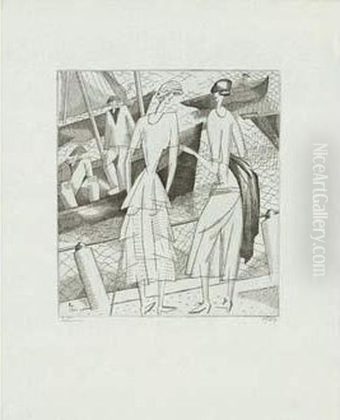 Jeunes Filles Sur Le Port (le 
Croisic) / Young Women Standing On A Pier (le Croisic). 1920 Oil Painting by Jean Emile Laboureur