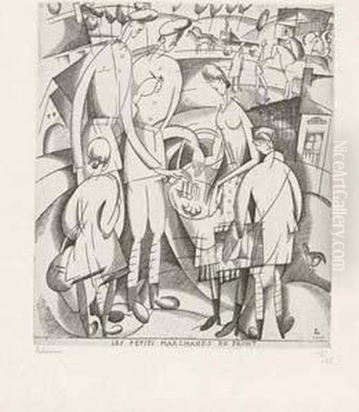 Les Petits Marchands Du Front / 
Children Selling Trinkets On The Frontline. 1917-1921 (?) Oil Painting by Jean Emile Laboureur