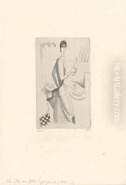 La Fille Au Litre (petite 
Planche)- Serving Girl With Bottle (small Plate). 1920. Frontispice Pour
 Le Nouveau Keepsake Pour L'annee 1921 Oil Painting by Jean Emile Laboureur