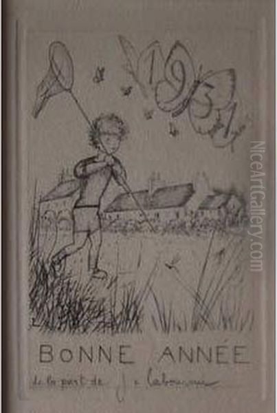 La Chasse Aux Papillons (carte 
De Voeux Pour 1931) / Butterfly Catching (new Year's Card For 1931). 
1930 Oil Painting by Jean Emile Laboureur