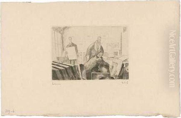 Les Amateurs D'estampes (carte 
Pour H.-m. Petiet) / The Print Lovers (card For H.-m. Petiet) . 1925 Oil Painting by Jean Emile Laboureur