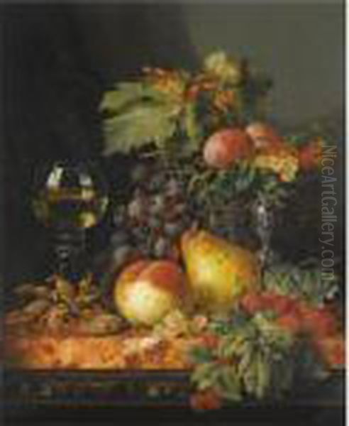 Still Life With Grapes, A Pear, A
 Peach, Plums, Redcurrants Andraspberries, Hazelnuts, A Wine Glass And A
 Silver Tazza Oil Painting by Edward Ladell