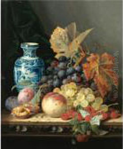Still Life With A Chinese Vase, 
Grapes, Plums, Raspberries And A Peach On A Carved Wooden Tabletop Oil Painting by Edward Ladell