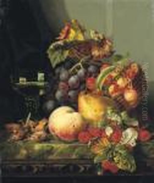 Still Life With Cob Nuts, Black 
Grapes, A Basket Of Cherries, A Peach, A Pear, A Plum And Some 
Raspberries, With A Glass, On A Marble Ledge Oil Painting by Edward Ladell