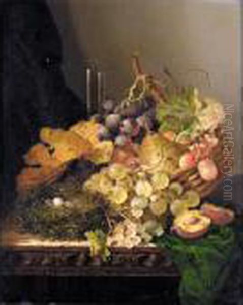 Still Life With A Bird's Nest, 
Pear, Grapes, Cherries And A Plum And A Glass Vase On A Ledge Oil Painting by Edward Ladell