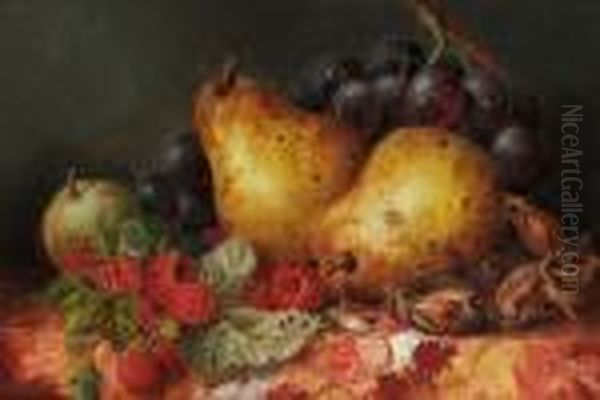 Still Life Of Fruit On A Marble 
Ledge; Still Life Of Shrimp And Two Peeled Lemons On A Table Oil Painting by Edward Ladell