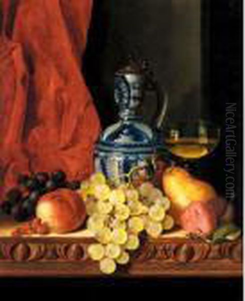 Still Life With Grapes, A Peach,
 Plums And A Pear On A Table With A Wine Glass And A Flask Oil Painting by Edward Ladell