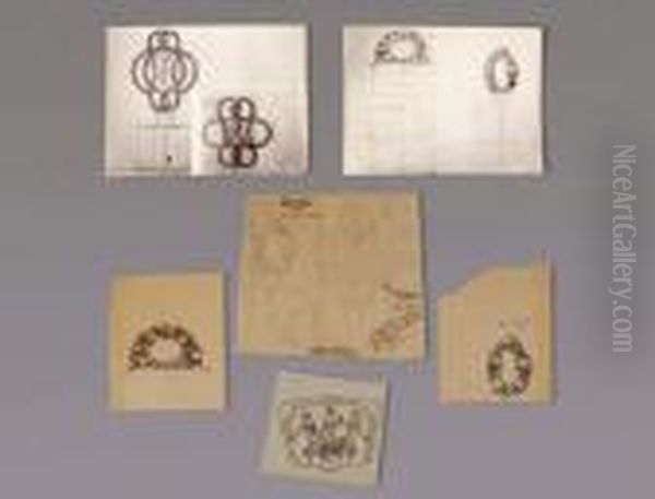 Bouchons De Flacon < Moineaux >,
 < Amour > , < Trois Figurines > Et Prise De Boite < Amour > Oil Painting by Rene Lalique