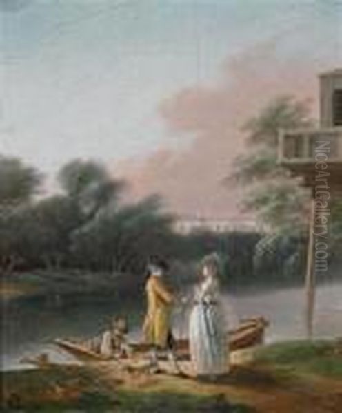 Elegantes Paar An Einem Flusufer
 Vor Einemboot; Eine Dame Mit Kind Vor Einer Brucke In Einem Wald Oil Painting by Jean-Baptiste Lallemand