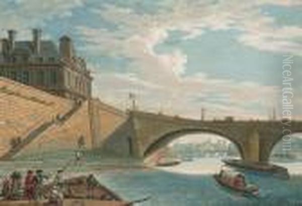 Vue Du Palais Des Tuileries Et 
Du Pont Royal Depuis La Seine, Des Personnages Au Premier Plan Oil Painting by Jean-Baptiste Lallemand