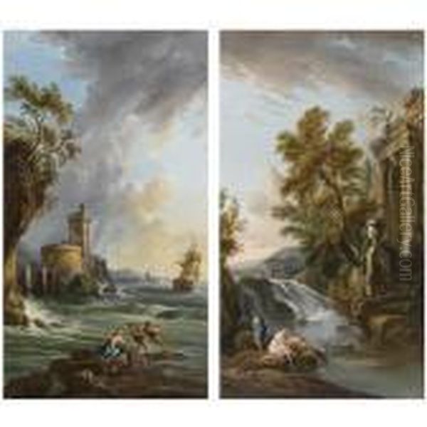 A Rocky Coastal Landscape With 
Fishermen Pulling In Theirnets; Bathers On The Rocks Beneath A Waterfall
 And An Ancient Romanruin Oil Painting by Jean-Baptiste Lallemand