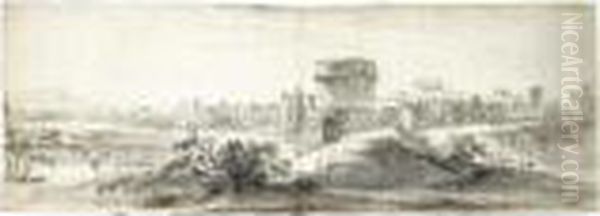 View Of The Outskirts Of A 
Fortified Italian Town, With What Appears To Be The Tomb Of Cecilia 
Metella Oil Painting by Jean-Baptiste Lallemand