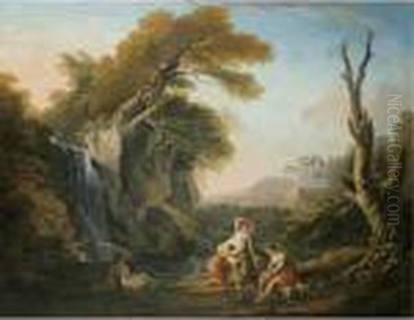 A Classical Landscape With Women Bathing By A Waterfall With Two Boys Looking On Oil Painting by Jean-Baptiste Lallemand