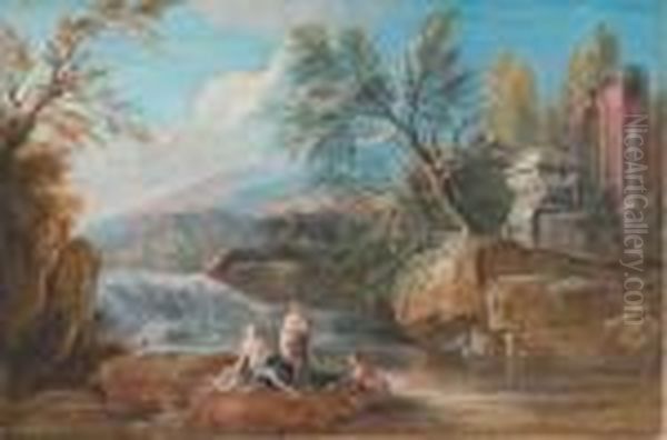 Un Paysage Avec Des Baigneuses 
Devant Une Cascade, Un Tombeau Et Des Ruines Antiques Sur La Droite Oil Painting by Jean-Baptiste Lallemand