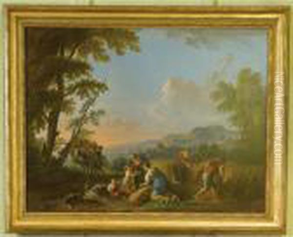 An Italianate Landscape With Peasants Taking In The Harvest Oil Painting by Jean-Baptiste Lallemand