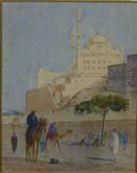 Egyptian Landscape With Two 
Figures On Camels Andfurther Figures In The Foreground, A Large Building
 Beyond Oil Painting by Augustus Osborne Lamplough