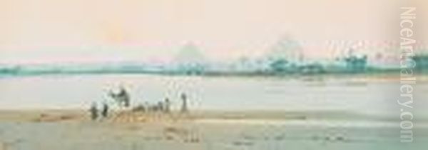 A Scene On The Nile With The Pyramids Beyond Oil Painting by Augustus Osborne Lamplough