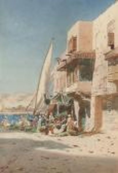Arabs Unloading A Felucca On The
 Banks Of The Nile (illustrated); And Arabs On A Sunlit Street Before A 
Mosque Oil Painting by Augustus Osborne Lamplough