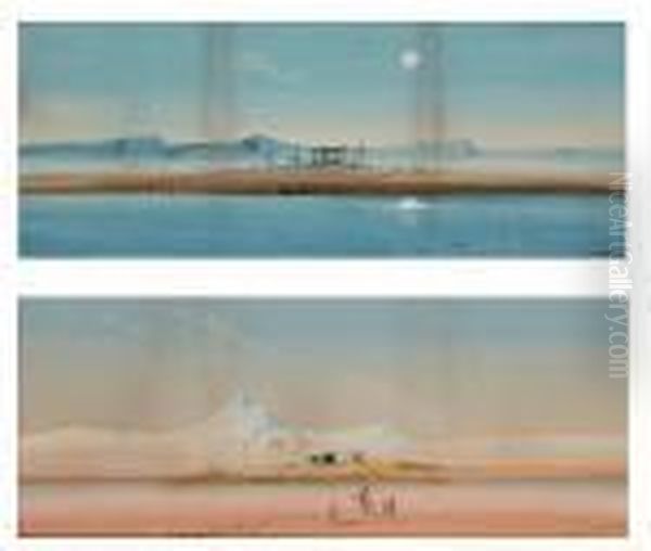 Desert Scene With Figure Before 
An Oasis, Together With Another Similar Of Figures Beore Desert Ruins, A
 Pair Oil Painting by Augustus Osborne Lamplough