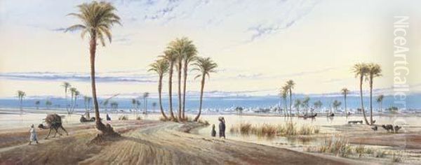 A View Of The Nile With A City In The Distance Oil Painting by Augustus Osborne Lamplough