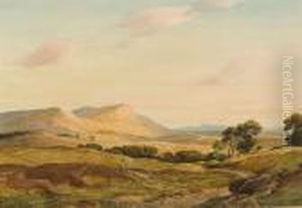 Shepherd And Flock In An Upland Landscape Oil Painting by Percy Lancaster