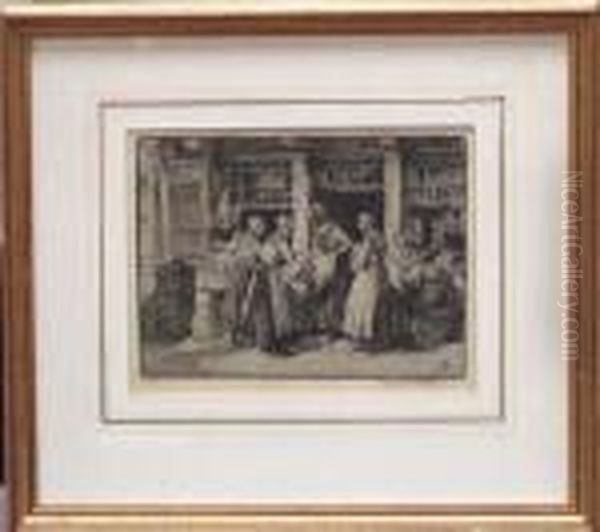 Four Dutch Women Conversing At A Shop Doorway - Etching Oil Painting by Percy Lancaster