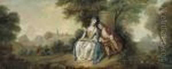 An Amorous Couple In A Wooded River Landscape Oil Painting by Nicolas Lancret