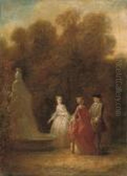 Elegant Figures By A Fountain In
 A Landscape; And Elegant Figuresby An Urn In A Landscape Oil Painting by Nicolas Lancret